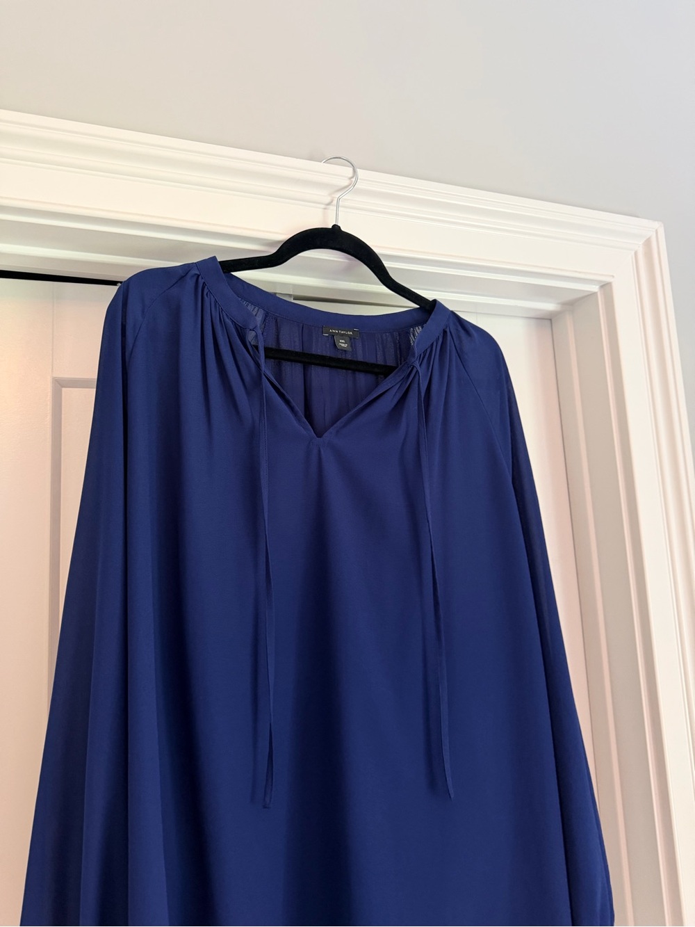 Ann Taylor Royal Blue Long-Sleeve Peasant Blouse with Neck Ties